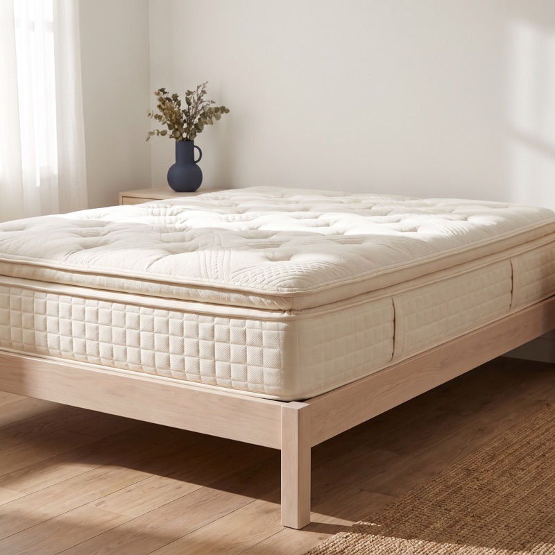 A clean pillow-top mattress on a timber bed frame