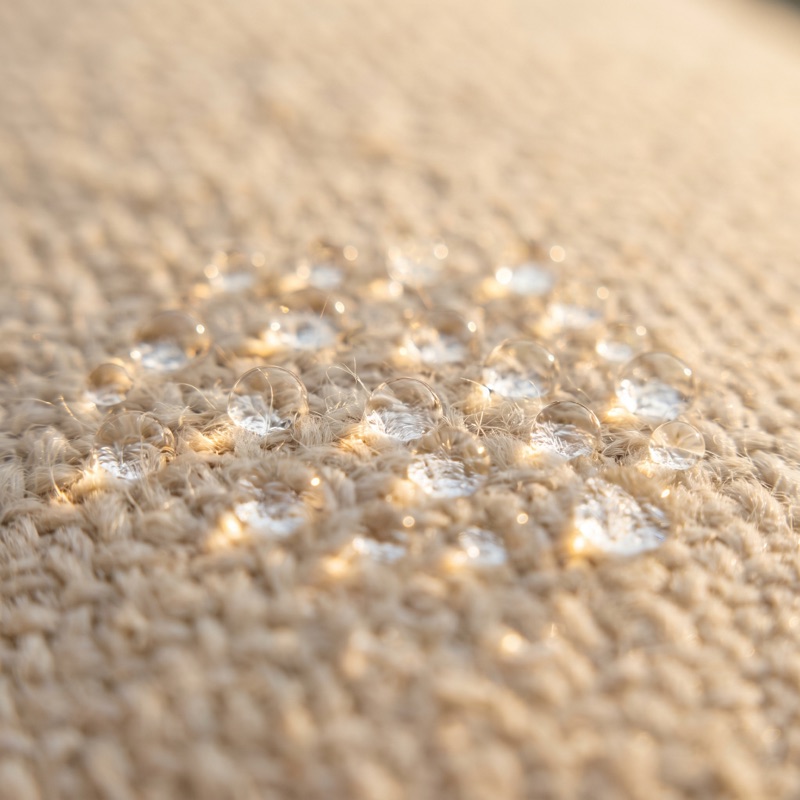 Water beading on the surface of woven upholstery fabric