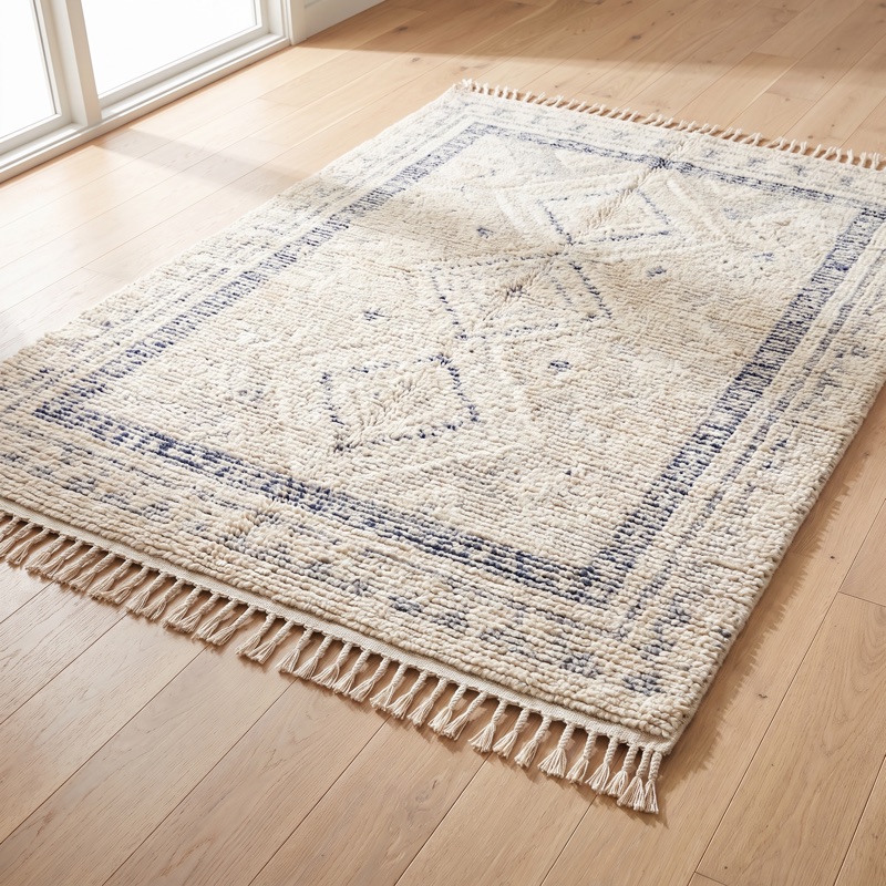A patterned wool rug with fringing on a timber floor