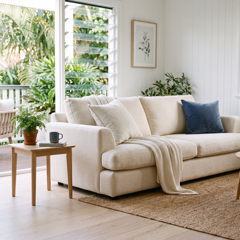 A cream fabric lounge in a bright Queensland living room