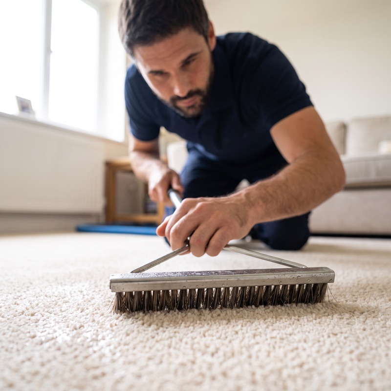 A grooming brush working pre-spray down into the base of the carpet pile