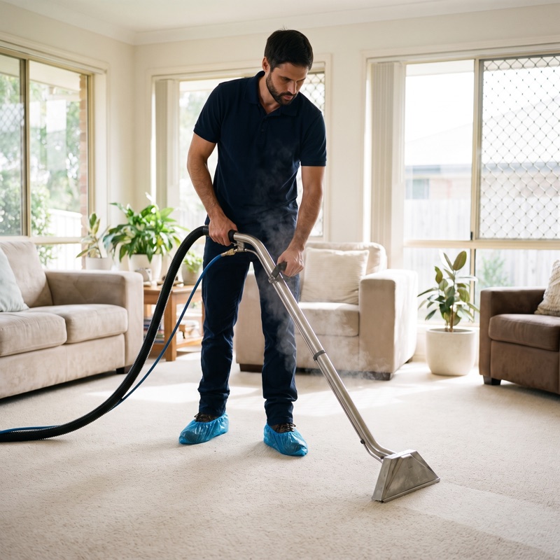 A cleaning wand drawing a slow pass across carpet, steam rising from the head