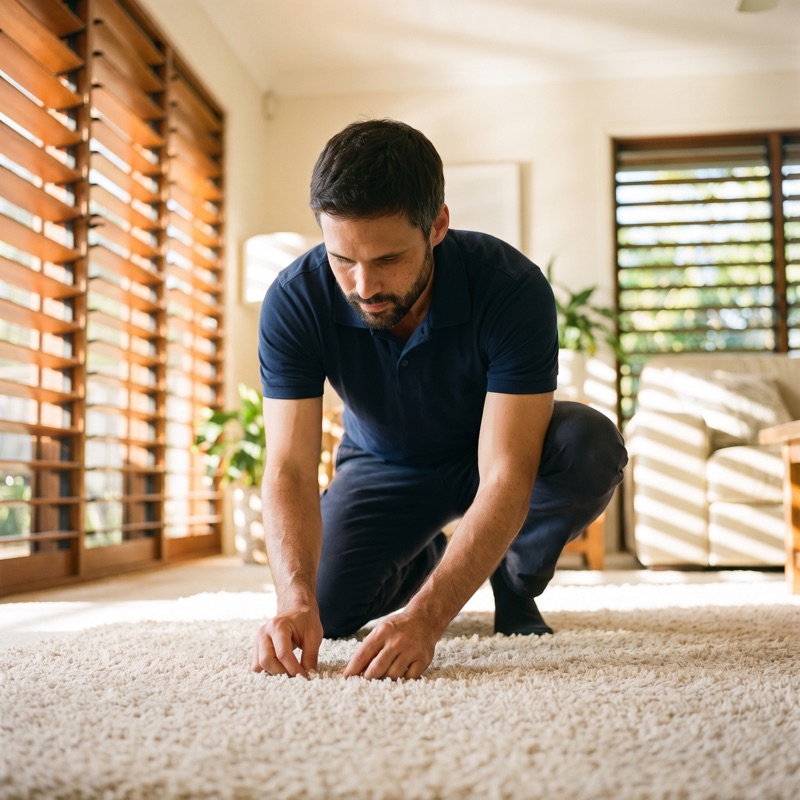 Kneeling to part the carpet pile and check the fibre before anything is cleaned