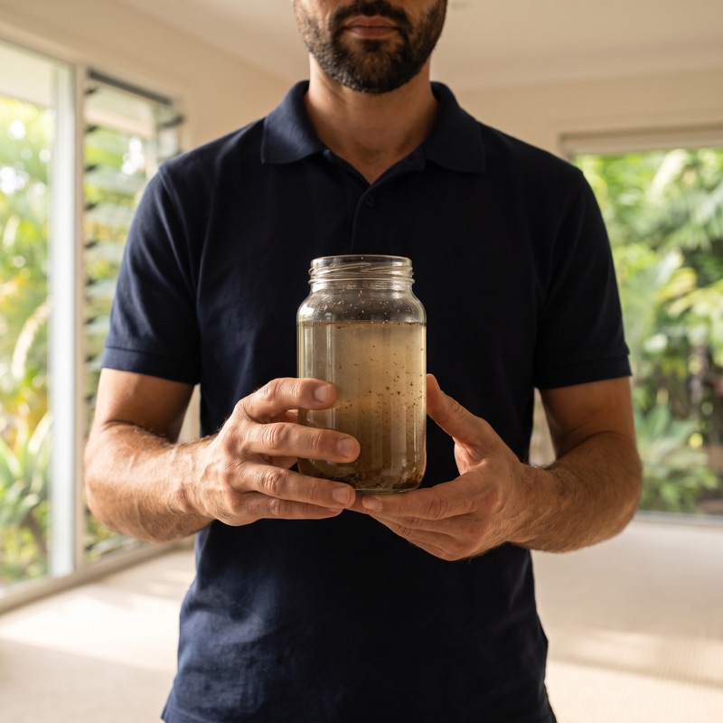A glass jar of the dirty water pulled back out of a carpet
